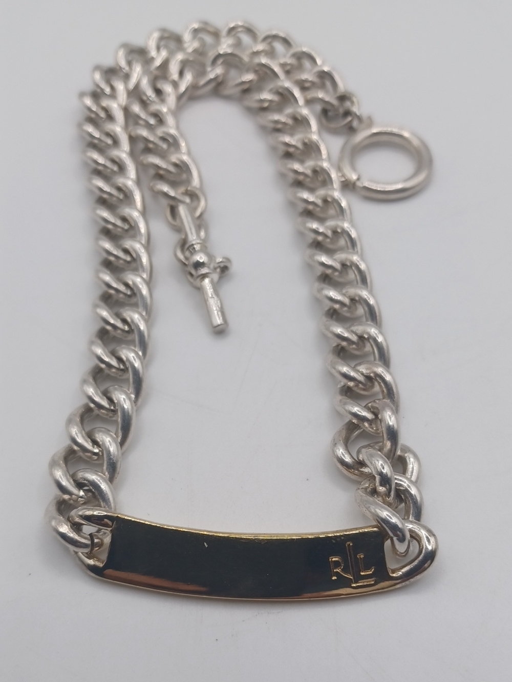 Ralph Lauren Silver Tone Curb Chain Choker with Gold ID Plate